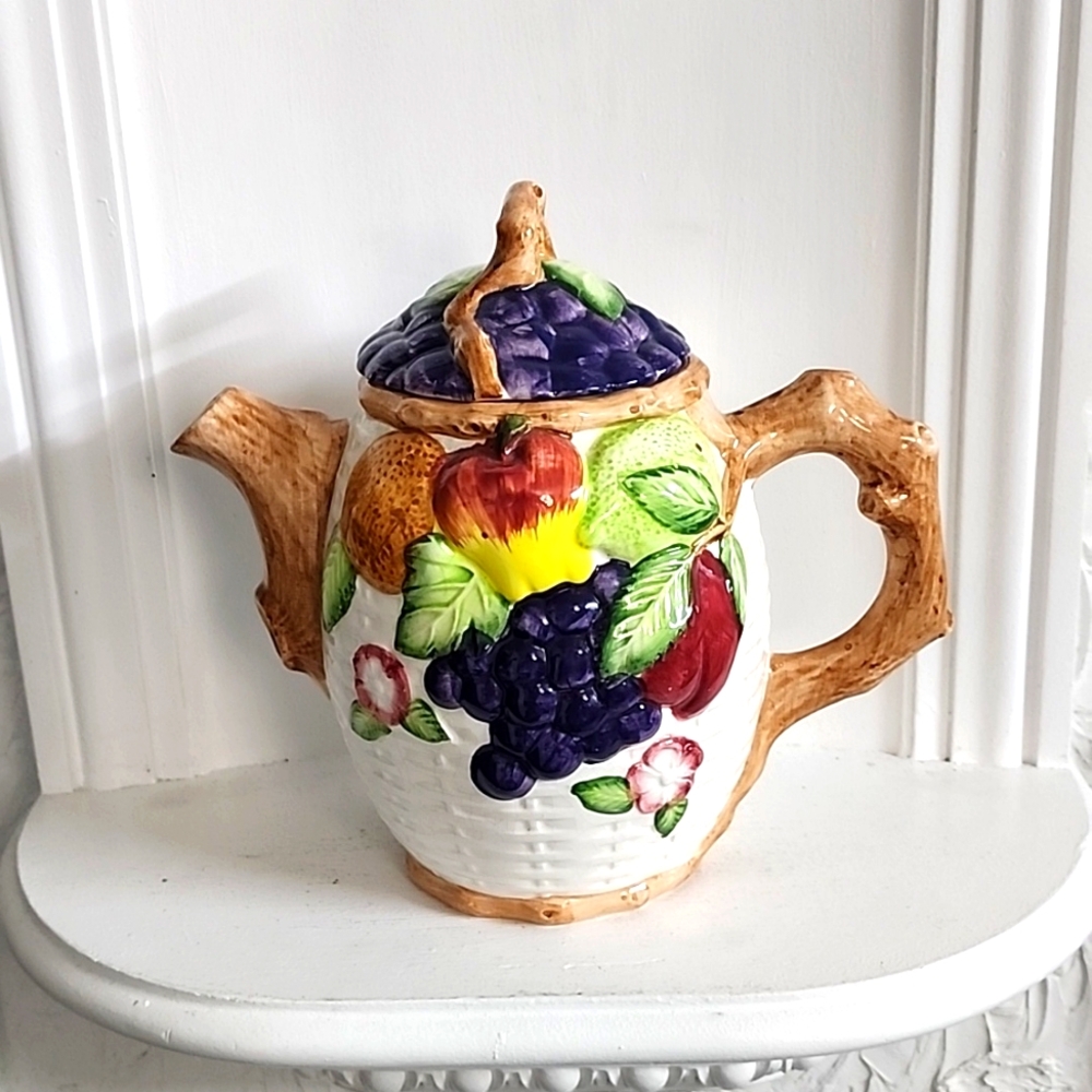 Tall Fruit Teapot with Lid Porcelain Mid Century